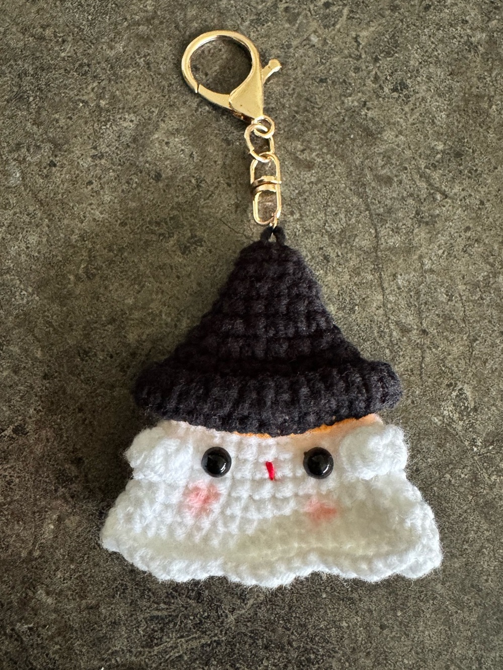 Handmade Crochet Ghost Purse Bag Charm Fob Keychain with Black Hat